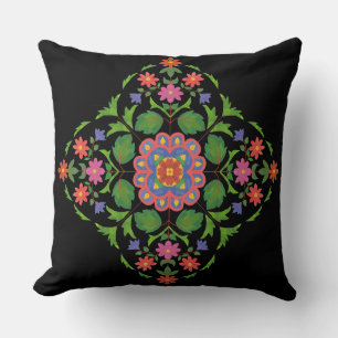 Coussin Rangoli floral de couleur vive Motif sur noir