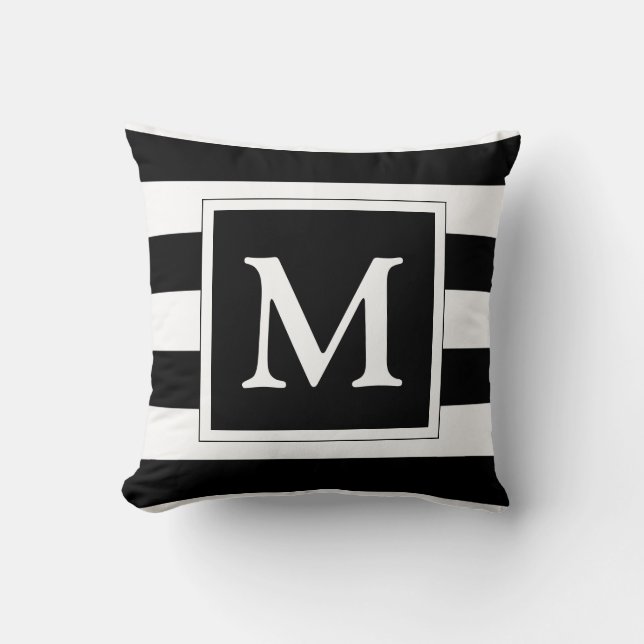 Coussin Rayé noir et blanc de monogramme fait sur commande (Recto)