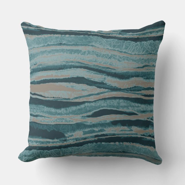 Coussin Rayure abstraite d'agate sarcelle vert bleu taupe (Recto)