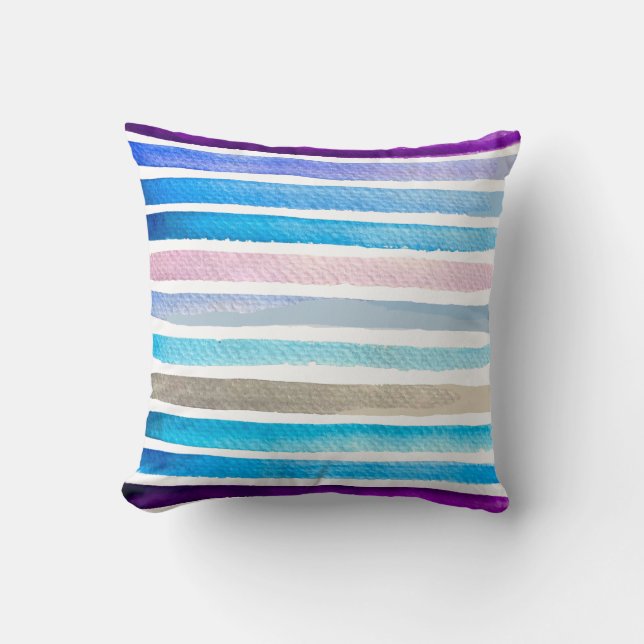 Coussin Rayures aquarelles bleues peintes à la main (Recto)
