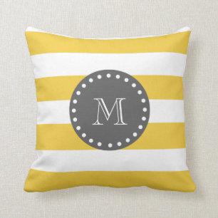 Coussin Rayures blanches jaunes motif, monogramme de