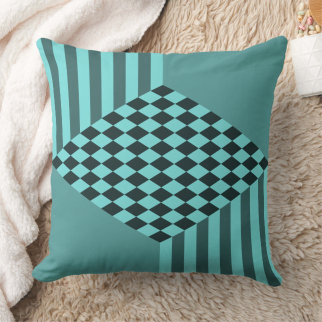 Coussin Rayures de turquoise élégantes et damier diamant (Couverture)