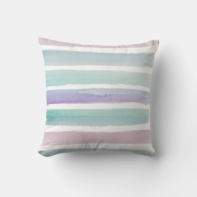 Coussin Rayures en pastel bleues et pourpres d'aquarelle (Recto)