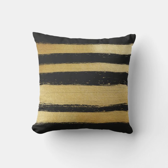 Coussin Rayures modernes de traçages d'or de feuille noire (Recto)