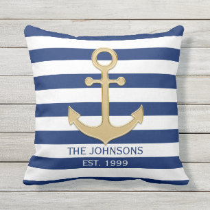 Coussin Rayures nautiques de blanc d'Ancre d'or de bleu