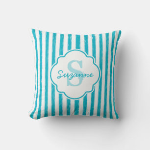 Coussin Rayures peintes turquoise féminines Monogramme et