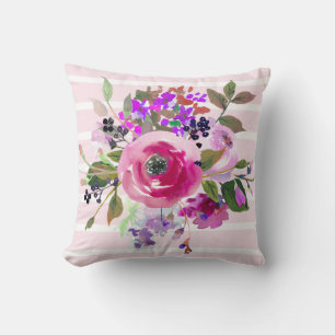 Coussin Rayures roses florales d'aquarelle verte pourpre