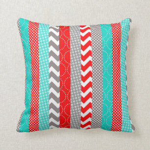 Coussin Rayures rouges et turquoises au néon lumineuses de