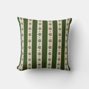 Coussin Rayures Vertes Et Crème Et Fleurs