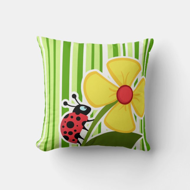 Coussin Rayures vertes ; Rayé ; Coccinelle (Recto)