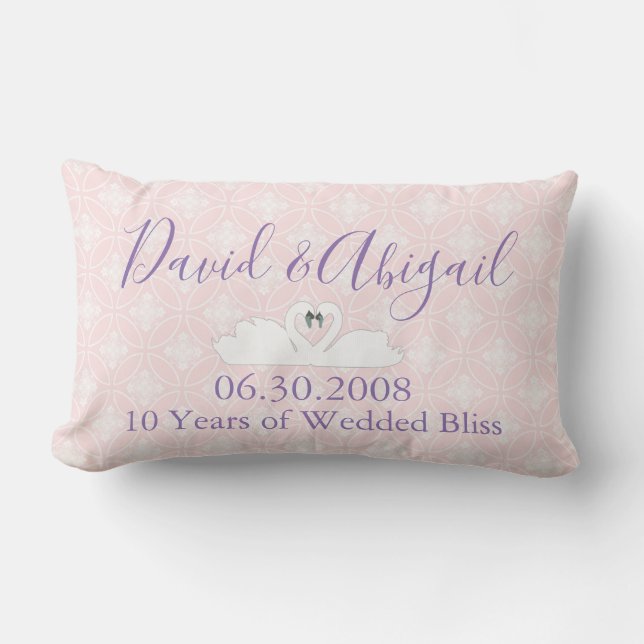 Coussin Rectangle 10 ans Mariage Anniversaire rose et blanc Damas (Recto)