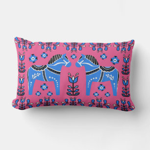 Coussin Rectangle 2 Dala folklorique Cheval/Folk floral, blanc/rose/