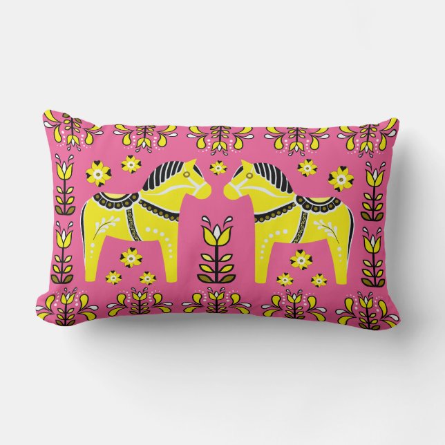 Coussin Rectangle 2 Dala folklorique Cheval/Folk floral, blanc/rose/ (Recto)