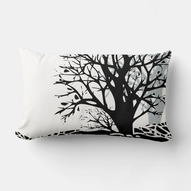 Coussin Rectangle Abstrait moderne arbre noir silhouette ombre blanc (Recto)
