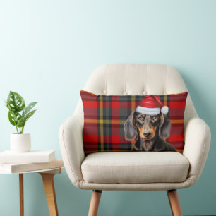 Coussin Rectangle Amoureux des chiens Noël Dachshund Rouge Plaid de 