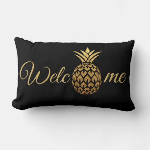 Coussin Rectangle Ananas doré Bienvenue noire
