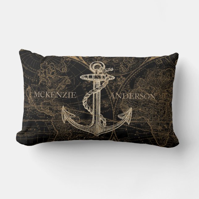 Coussin Rectangle Ancien Monde Ancre nautique Monogramme Noir (Recto)