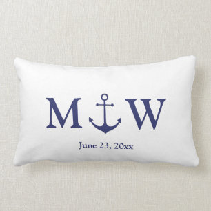 Coussin Rectangle Ancre nautique de mariage bleu marine blanc monogr