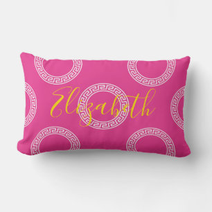 Coussin Rectangle Anneaux de clé grecque preppy rose blanc Nom perso