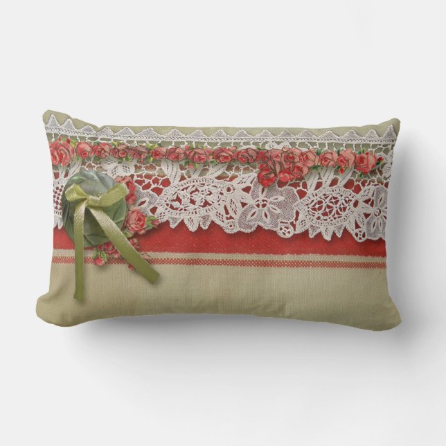 Coussin Rectangle Antique Rose dentelle Rustique Rouge Victorien Bur (Recto)