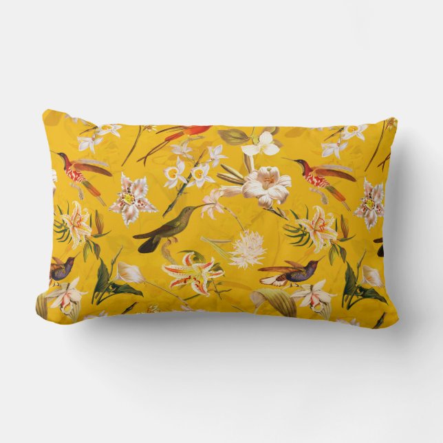 Coussin Rectangle Antique Tropical Hummingbird Jungle Motif Jaune (Recto)