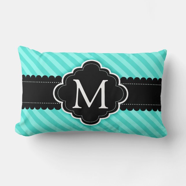 Coussin Rectangle Aqua Blue Stripes Motif Black Custom Monogramme (Recto)