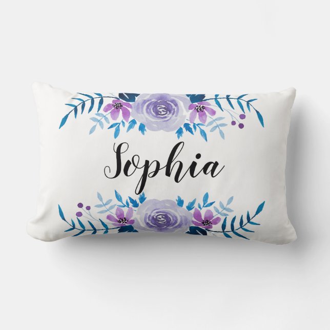 Coussin Rectangle Aquarelle bleu violet couronne florale Texte perso (Recto)