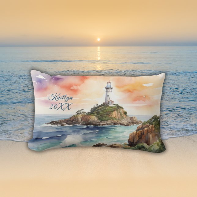 Coussin Rectangle Aquarelle croquis Byron Bay Lighthouse Monogramme  (Créateur téléchargé)