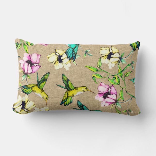 Coussin Rectangle Aquarelle de Whimsical Hummingbirds & Flowers (Recto)