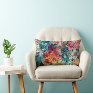 Coussin Rectangle Aquarelle éclaboussée et fleurs à l'encre
