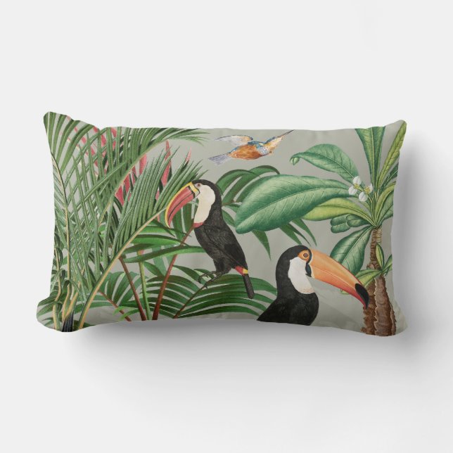 Coussin Rectangle Aquarelle Forêt tropicale et Oiseaux du Toucan (Recto)