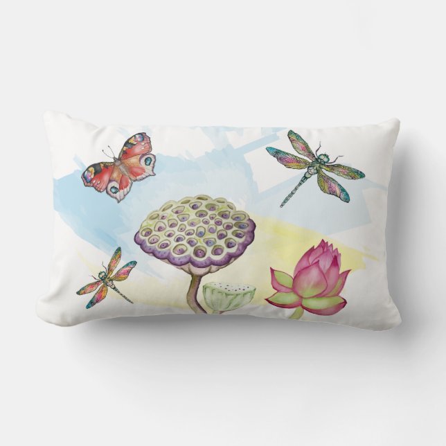 Coussin Rectangle Aquarelle motif de libellules et de papillons (Recto)