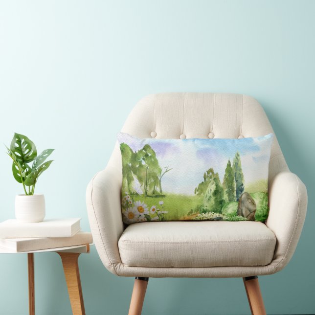 Coussin Rectangle Aquarelle Nature Paysage et Fleurs marguerites (Chaise)