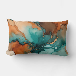 Coussin Rectangle Aquarelle orange brûlée, turquoise, rouille et noi