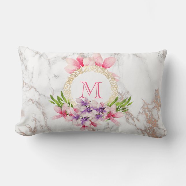 Coussin Rectangle Aquarelle rose et violet Fleurs Monogramme (Recto)