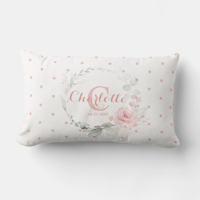 Coussin Rectangle Aquarelle rose Floral Pois fille Nursery (Recto)