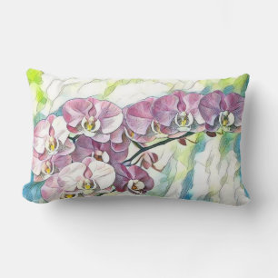 Coussin Rectangle Aquarelle rose multicolore des fleurs d'orchidées