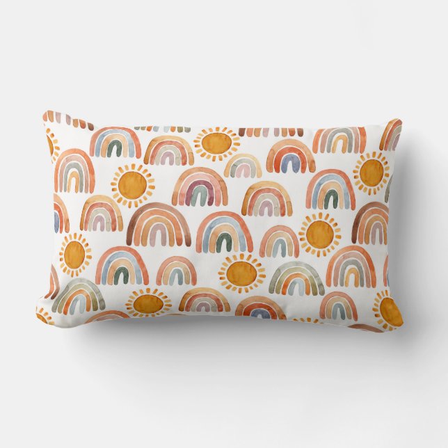 Coussin Rectangle Aquarelle Whimsical Boho Rainbow et Sun Kids   (Recto)