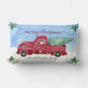 Coussin Rectangle Arbre à neige Gnome Ferme Camion Rouge Aquarelle