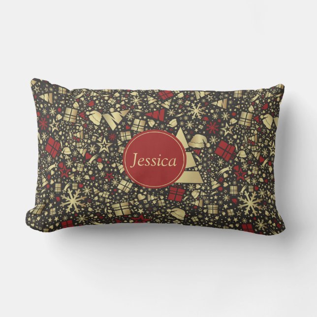Coussin Rectangle Arbre de Noël rouge et doré Snowflakes et étoiles (Recto)