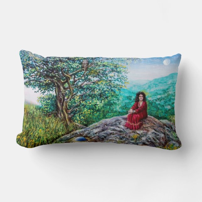 Coussin Rectangle ARBRE MAGIQUE / Aube en bois vert et dame en rouge (Recto)
