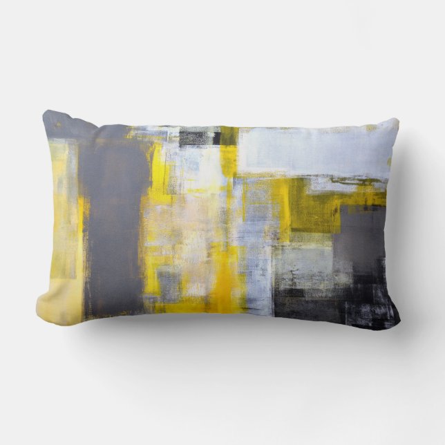 Coussin Rectangle Art abstrait gris et jaune "occupé et occupé" (Recto)