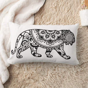 Coussin Rectangle Art de lion au henné noir et blanc