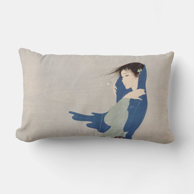Coussin Rectangle Art japonais de femme de pluie fine de Nakajima Ki (Recto)