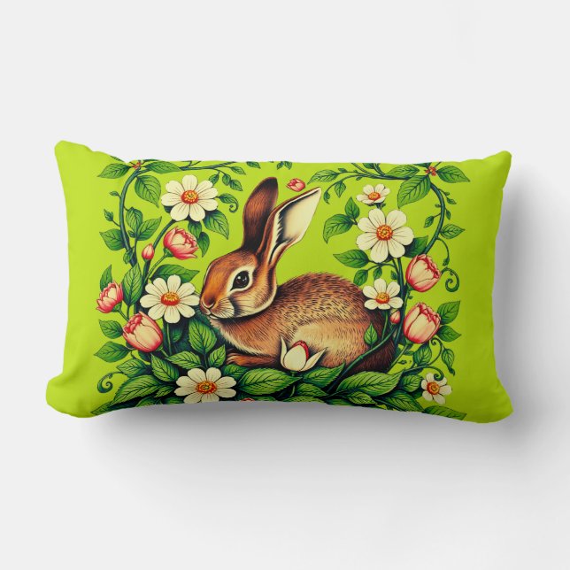 Coussin Rectangle Art Nouveau Wild Rabbit and Flowers (Recto)