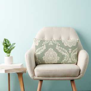Coussin Rectangle Art Rococo Damassé I Crème sur Vert