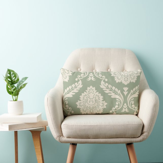 Coussin Rectangle Art Rococo Damassé I Crème sur Vert (Chaise)