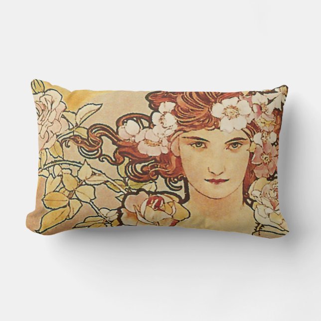 Coussin Rectangle Art rose Nouveau Alphonse Mucha de fleurs (Recto)