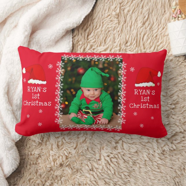 Coussin Rectangle Baby`s First Christmas Santa Hat Snowflake Photo (Couverture)