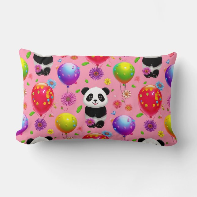 Coussin Rectangle Ballon Coloré et Motif de Panda avec Fleurs (Recto)